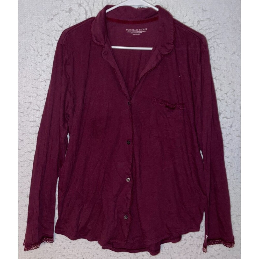 Victoria Secret Pajama Top Long-Sleeves Soft Cotton blend Button up sz L Lace